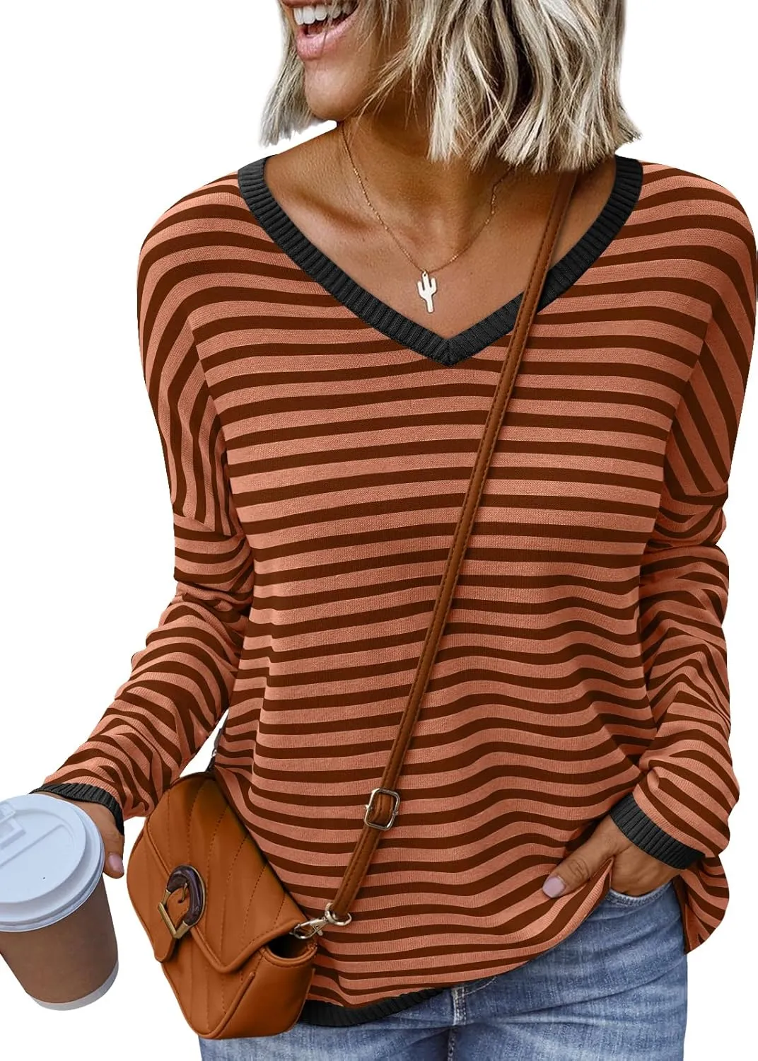 LILLUSORY Womens Sweaters Striped V Neck Oversized Lightweight Pullover Fall Outfits Fashion 2025 Cute Drop Shoulder Clothes