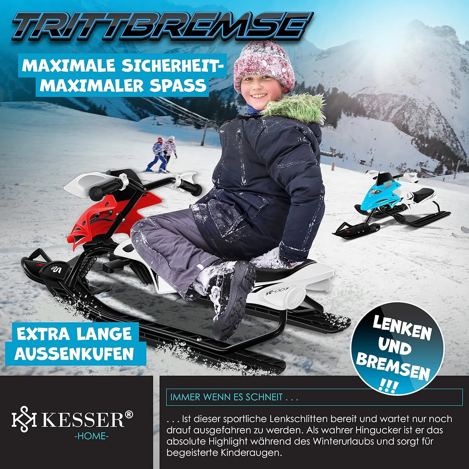 Luge dirigeable avec 2 Freins  Pied | Cble de Traction Automatique | Suspension | Direction sur Patins | Bob Luge pour Enfants - Fitnessterapy