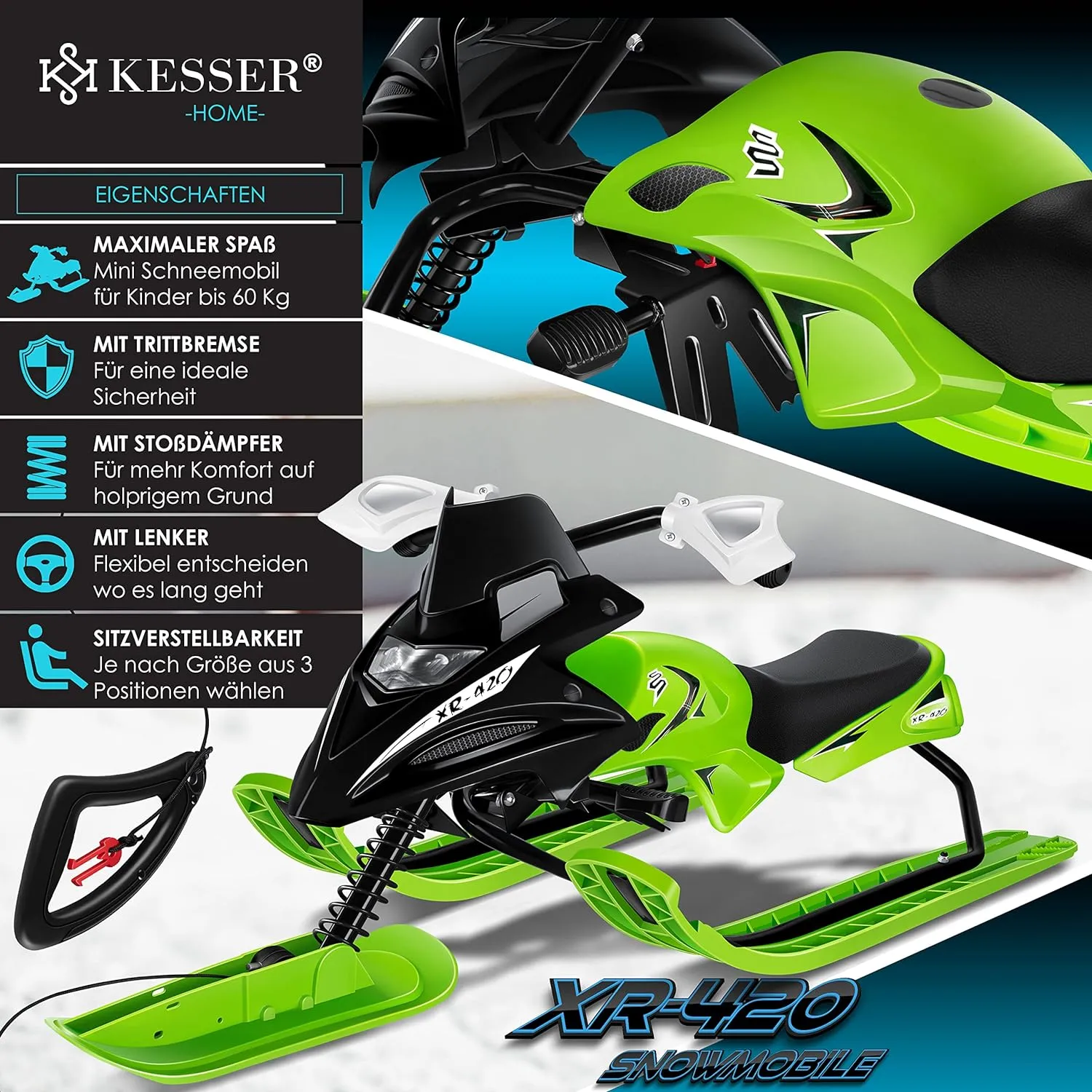 Luge dirigeable avec 2 Freins  Pied | Cble de Traction Automatique | Suspension | Direction sur Patins | Bob Luge pour Enfants - Fitnessterapy