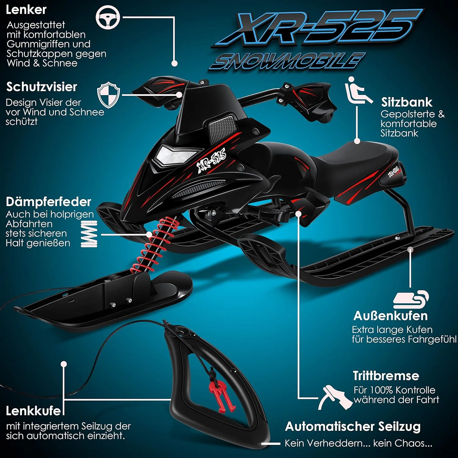 Luge dirigeable avec 2 Freins  Pied | Cble de Traction Automatique | Suspension | Direction sur Patins | Bob Luge pour Enfants - Fitnessterapy