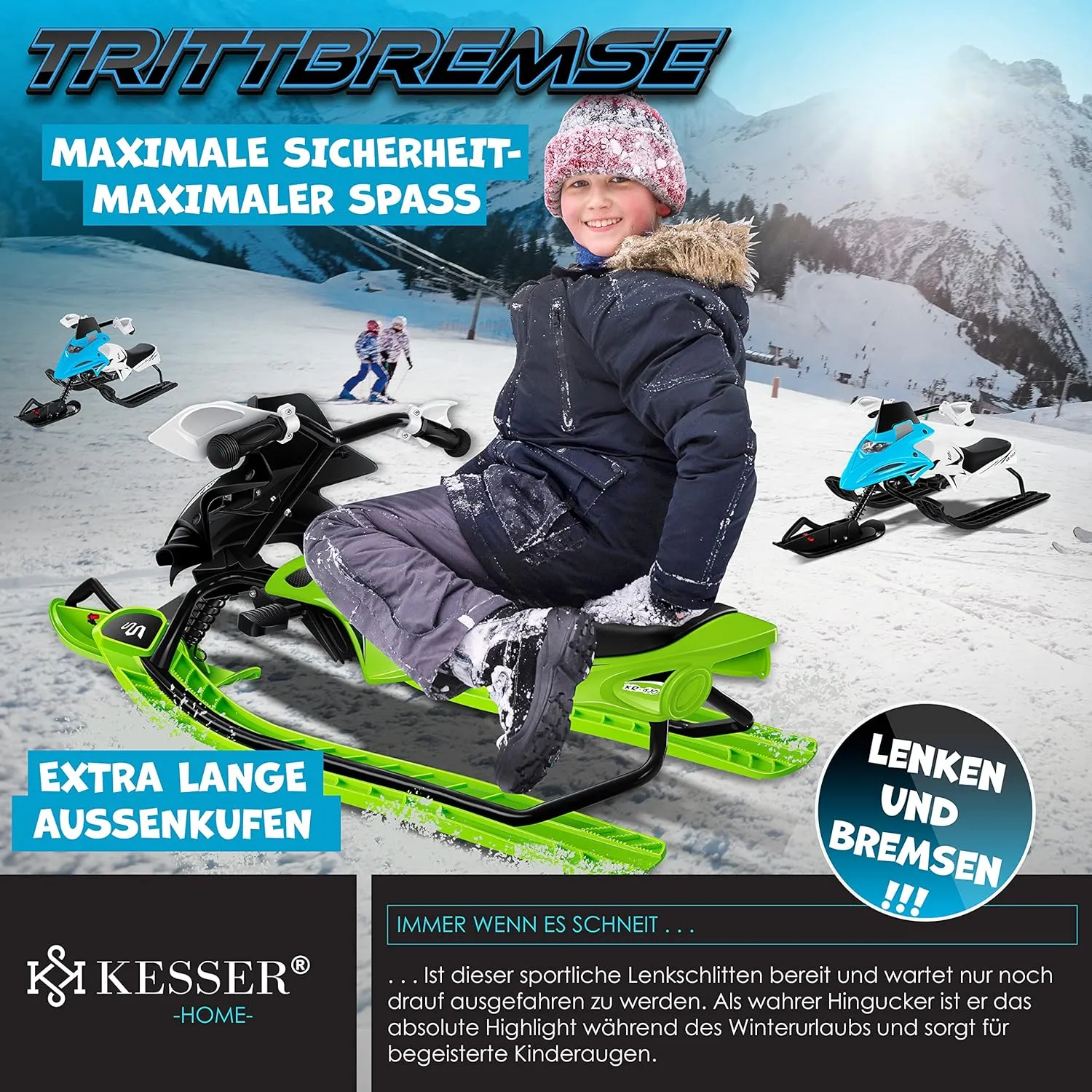 Luge dirigeable avec 2 Freins  Pied | Cble de Traction Automatique | Suspension | Direction sur Patins | Bob Luge pour Enfants - Fitnessterapy