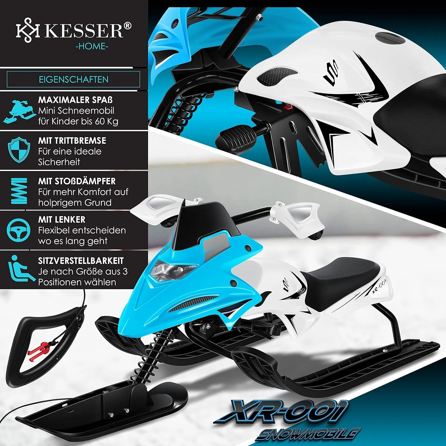 Luge dirigeable avec 2 Freins  Pied | Cble de Traction Automatique | Suspension | Direction sur Patins | Bob Luge pour Enfants - Fitnessterapy