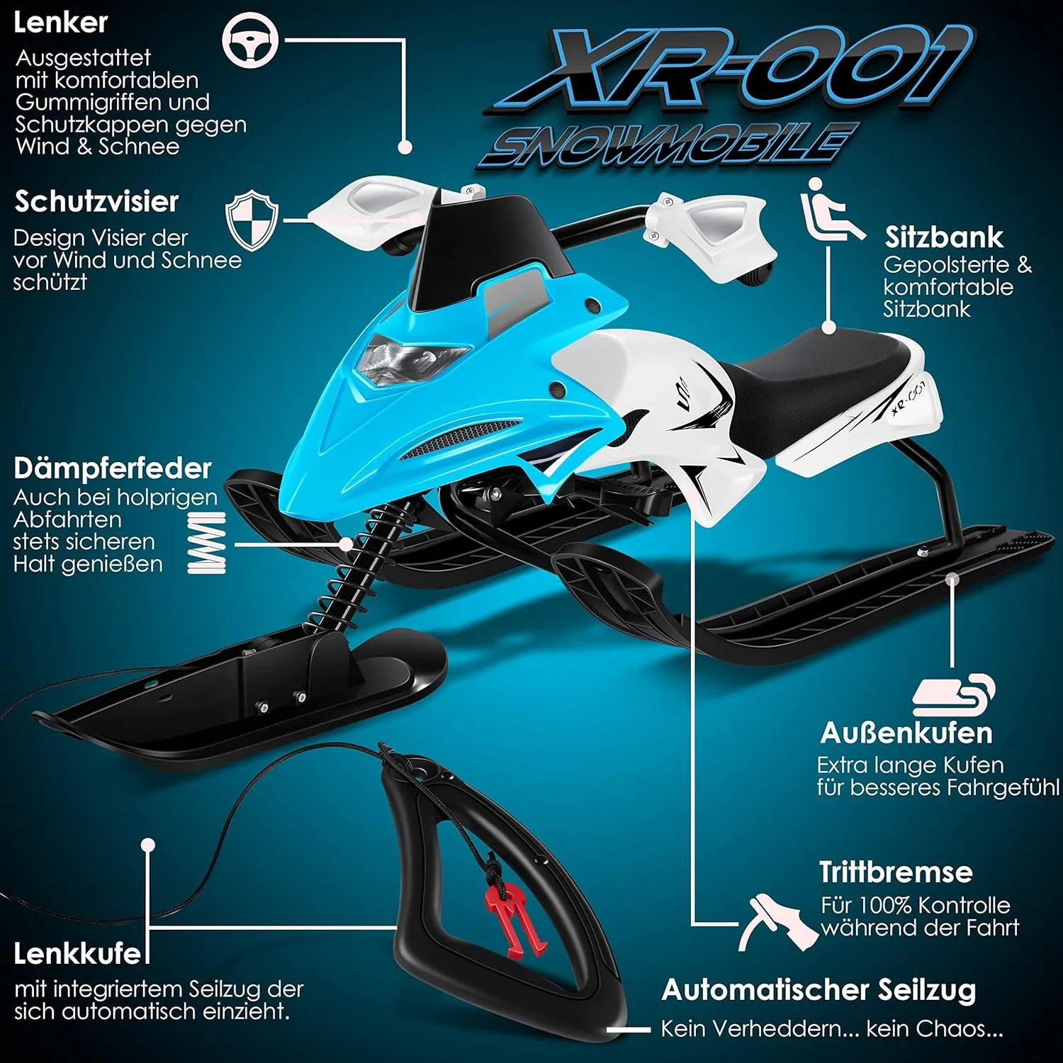 Luge dirigeable avec 2 Freins  Pied | Cble de Traction Automatique | Suspension | Direction sur Patins | Bob Luge pour Enfants - Fitnessterapy
