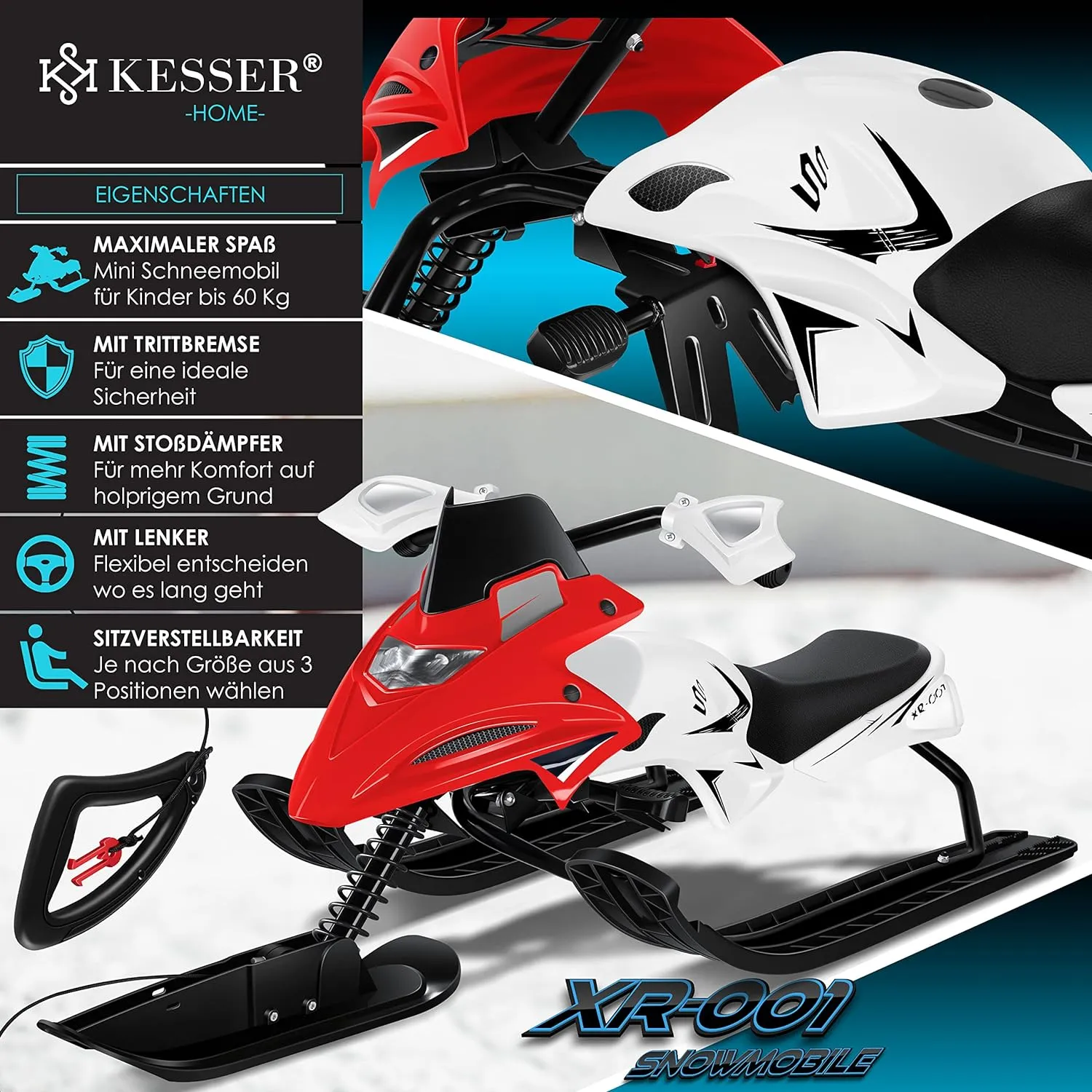 Luge dirigeable avec 2 Freins  Pied | Cble de Traction Automatique | Suspension | Direction sur Patins | Bob Luge pour Enfants - Fitnessterapy