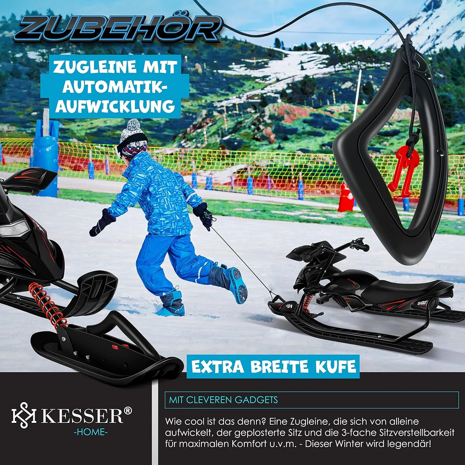 Luge dirigeable avec 2 Freins  Pied | Cble de Traction Automatique | Suspension | Direction sur Patins | Bob Luge pour Enfants - Fitnessterapy