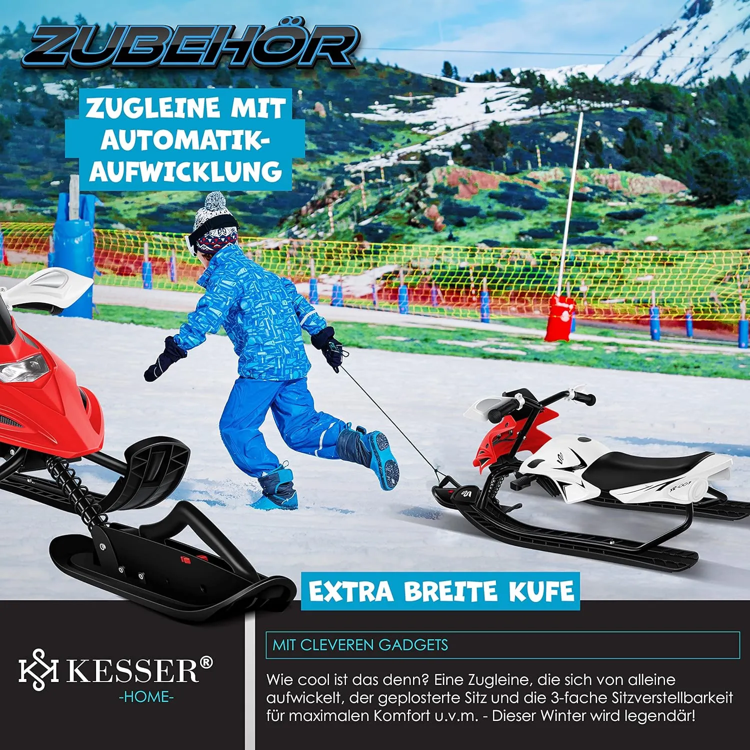 Luge dirigeable avec 2 Freins  Pied | Cble de Traction Automatique | Suspension | Direction sur Patins | Bob Luge pour Enfants - Fitnessterapy