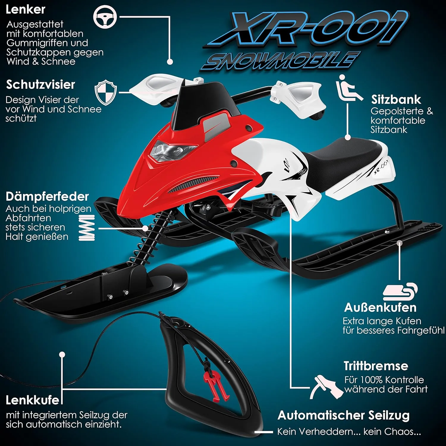 Luge dirigeable avec 2 Freins  Pied | Cble de Traction Automatique | Suspension | Direction sur Patins | Bob Luge pour Enfants - Fitnessterapy