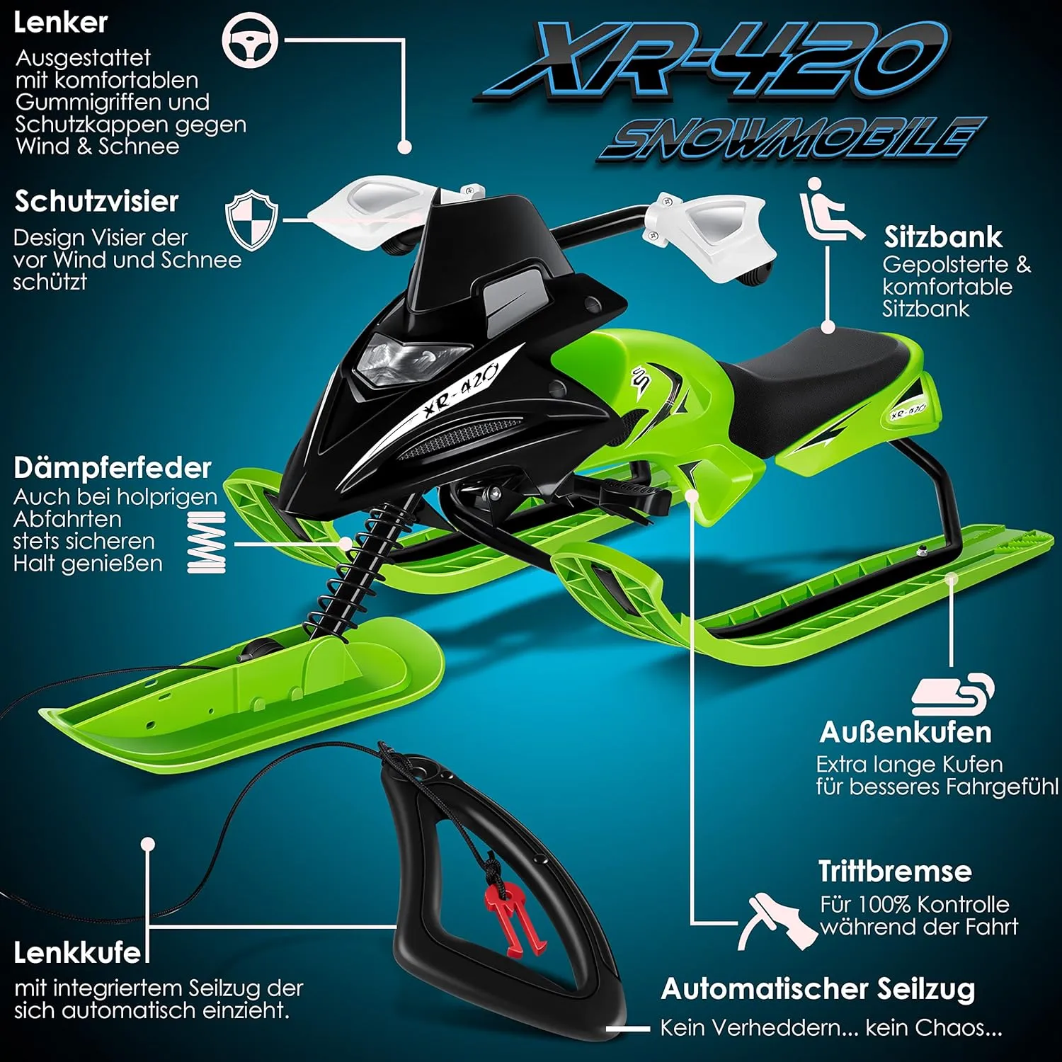 Luge dirigeable avec 2 Freins  Pied | Cble de Traction Automatique | Suspension | Direction sur Patins | Bob Luge pour Enfants - Fitnessterapy