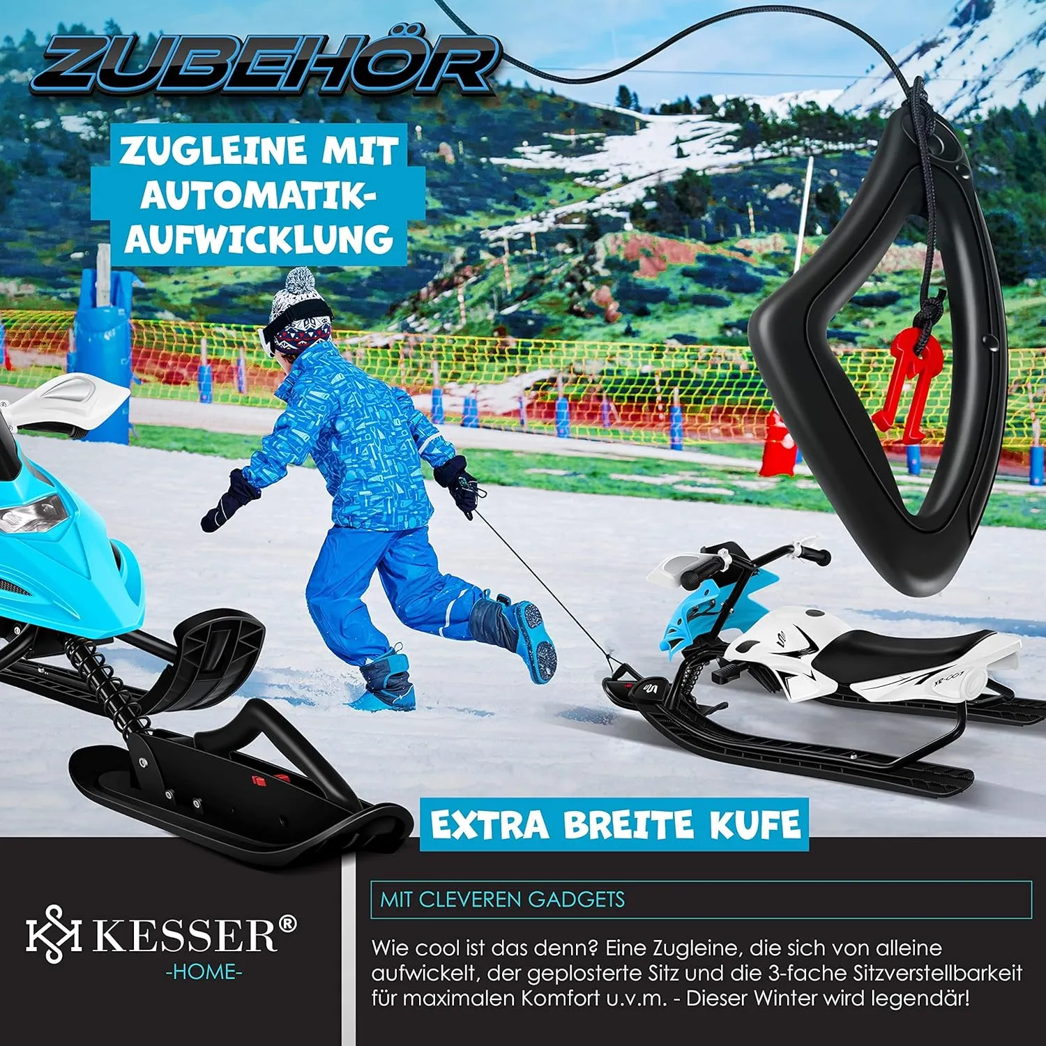 Luge dirigeable avec 2 Freins  Pied | Cble de Traction Automatique | Suspension | Direction sur Patins | Bob Luge pour Enfants - Fitnessterapy