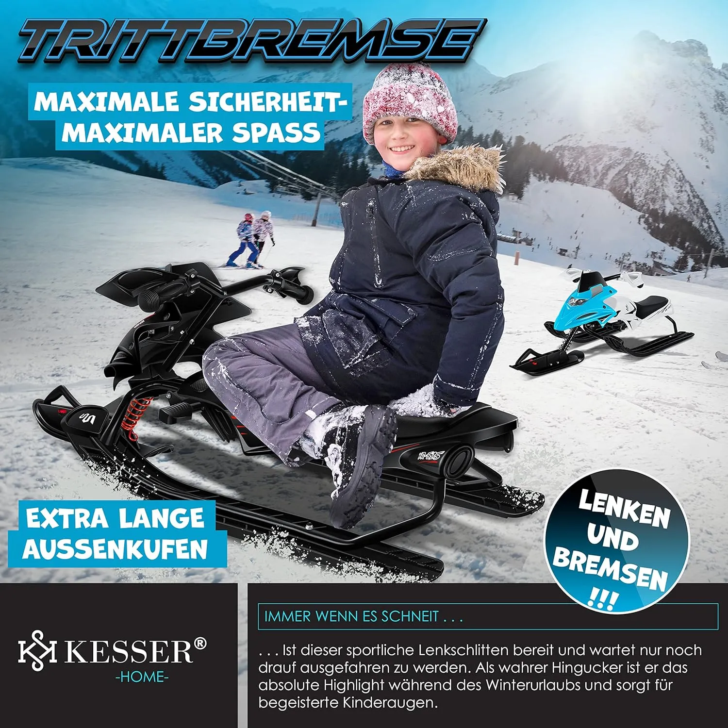 Luge dirigeable avec 2 Freins  Pied | Cble de Traction Automatique | Suspension | Direction sur Patins | Bob Luge pour Enfants - Fitnessterapy