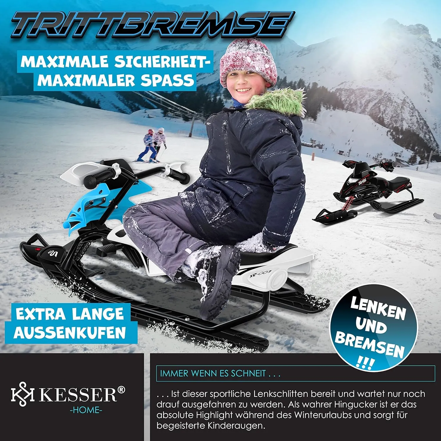 Luge dirigeable avec 2 Freins  Pied | Cble de Traction Automatique | Suspension | Direction sur Patins | Bob Luge pour Enfants - Fitnessterapy
