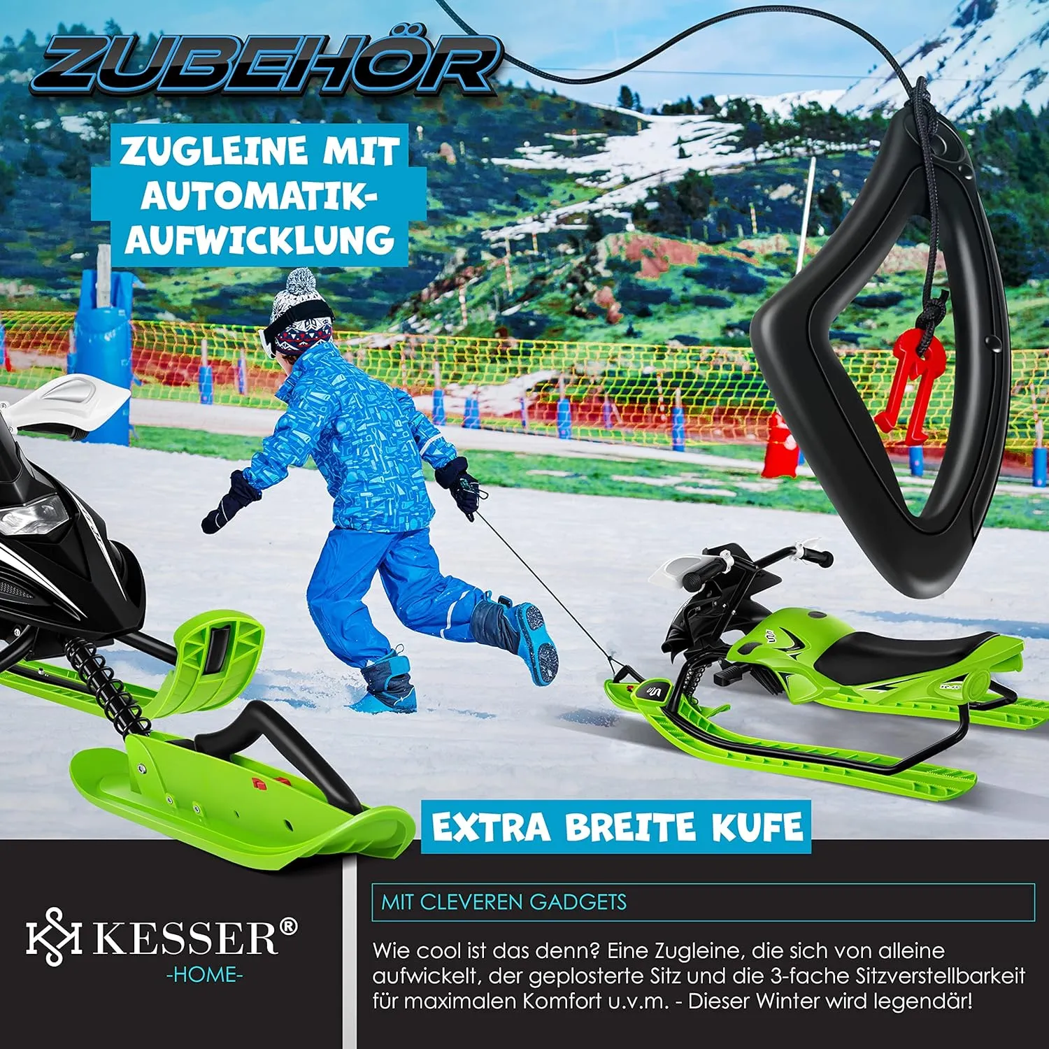 Luge dirigeable avec 2 Freins  Pied | Cble de Traction Automatique | Suspension | Direction sur Patins | Bob Luge pour Enfants - Fitnessterapy