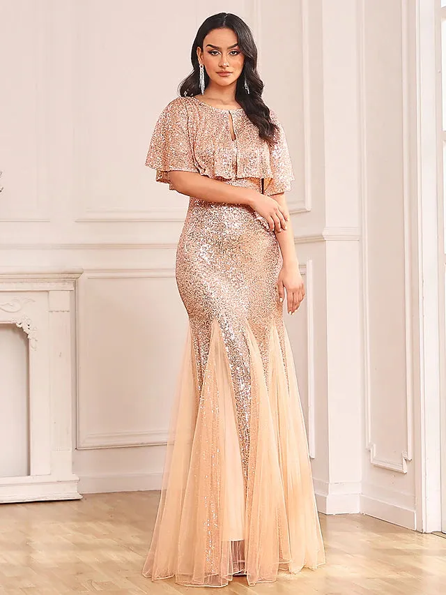 Luolandi Two Piece Mermaid / Trumpet Party Dresses Sparkle & Shine Dress Prom Floor Length Sleeveless V Neck Capes Tulle V Back with Sequin