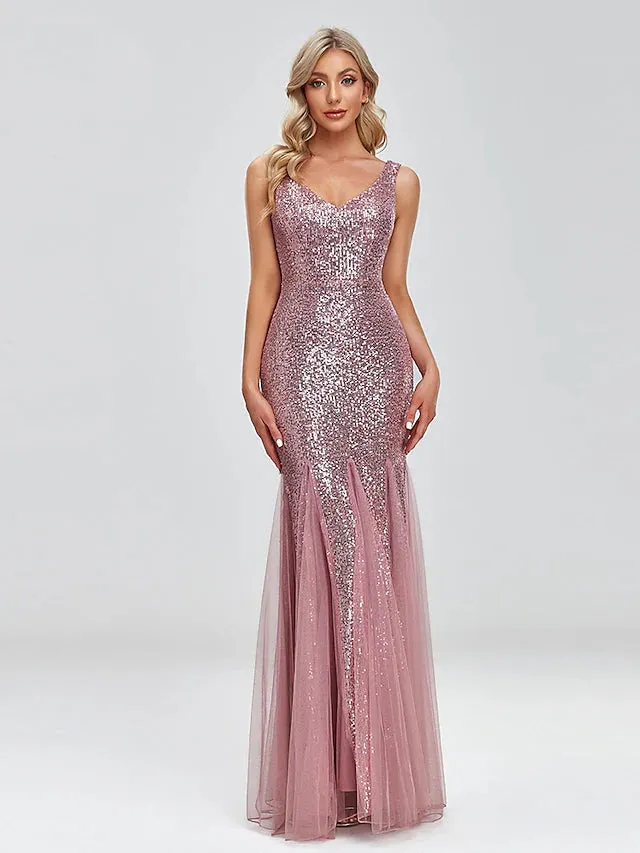 Luolandi Two Piece Mermaid / Trumpet Party Dresses Sparkle & Shine Dress Prom Floor Length Sleeveless V Neck Capes Tulle V Back with Sequin