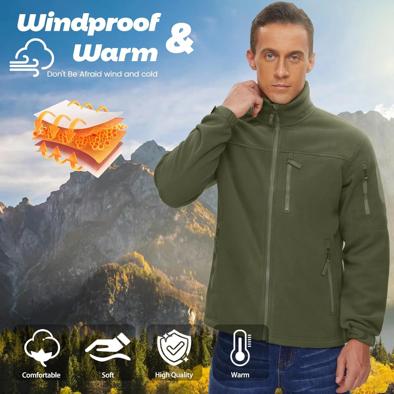 MAGNIVIT Mens Fleece Jackets Full Zip Tactical Jacket Fall Winter Hunting Windproof Soft Warm Polar Coats with 5 Zip Pockets