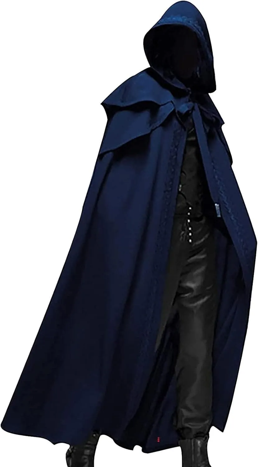 Maiyifu-GJ Men Full Length Hooded Robe Cloak Halloween Costume Casual Retro Gothic Cape Long Cosplay Party Stage Outfit Tops