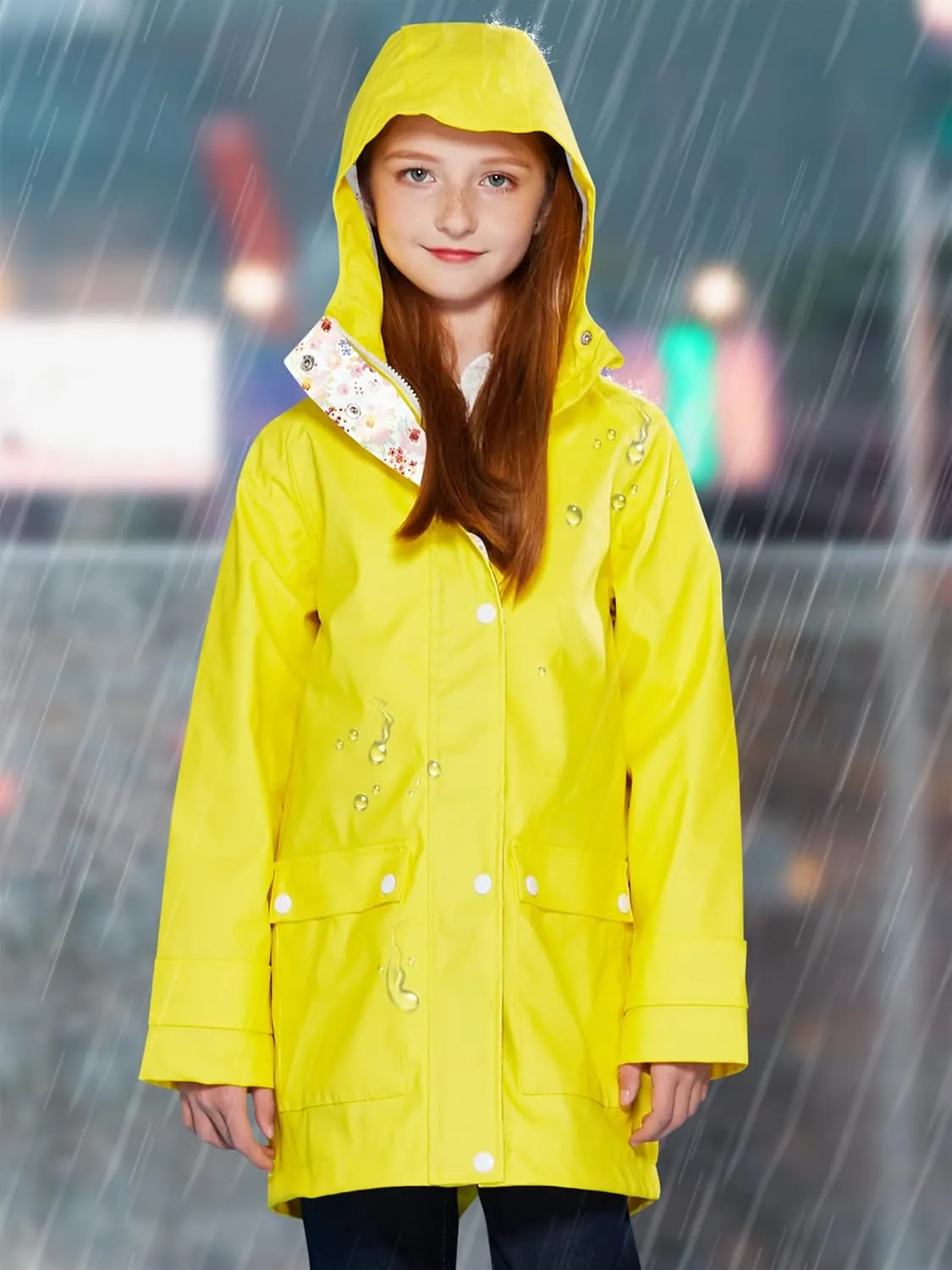 maoo garden Girls Rain Jackets Kids Waterproof Raincoat Lightweight Floral Lining Spring Windbreaker