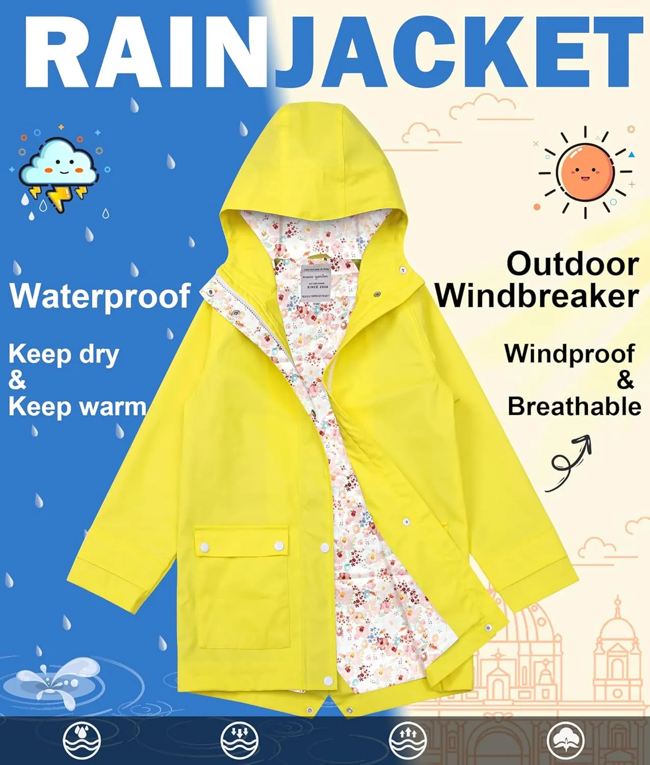 maoo garden Girls Rain Jackets Kids Waterproof Raincoat Lightweight Floral Lining Spring Windbreaker