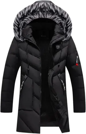 Men Hooded Parka Jacket Mid Length Warm Thicken Cotton Coats Collar Detachable Casual Padded Jackets