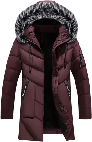 Men Hooded Parka Jacket Mid Length Warm Thicken Cotton Coats Collar Detachable Casual Padded Jackets