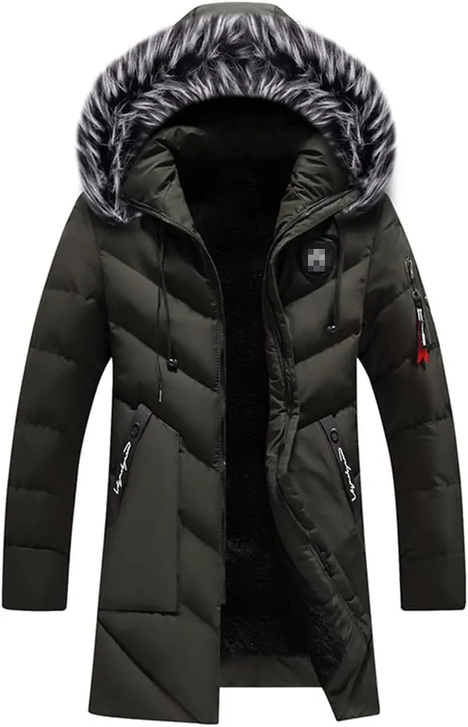 Men Hooded Parka Jacket Mid Length Warm Thicken Cotton Coats Collar Detachable Casual Padded Jackets