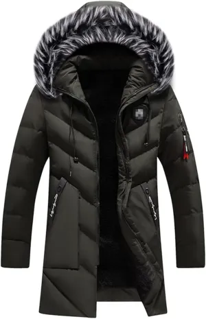 Men Hooded Parka Jacket Mid Length Warm Thicken Cotton Coats Collar Detachable Casual Padded Jackets