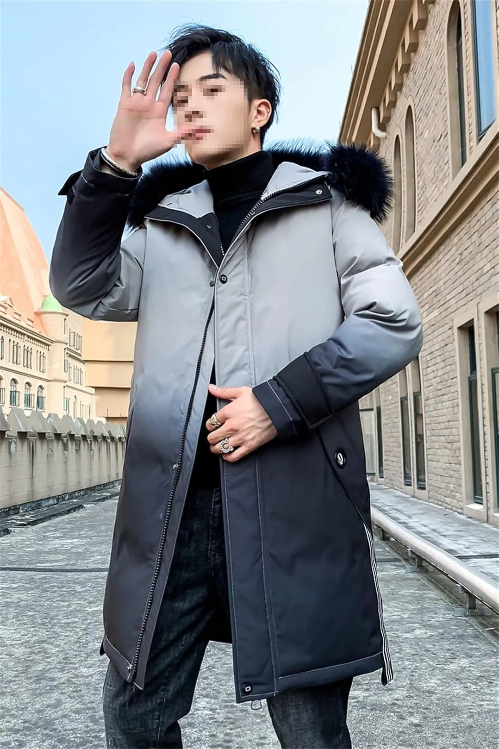 Men Long Hooded Parka Jacket Windproof Thicken Warm Snow Ski Coat Padded Cotton Coat with Big Pockets