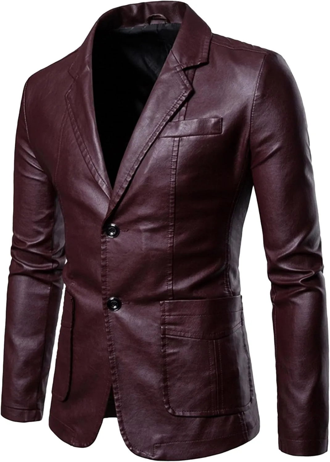 Mens 2 Button Leather Blazer Jacket Faux Leather Sport Suit Coat Regular Fit Lined Business PU Jackets