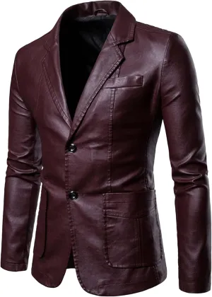 Mens 2 Button Leather Blazer Jacket Faux Leather Sport Suit Coat Regular Fit Lined Business PU Jackets