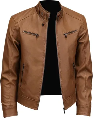 Men's Solid Color Stand Up Collar Windproof Warm Coat Leather Jackets Vintage Leather Jacket