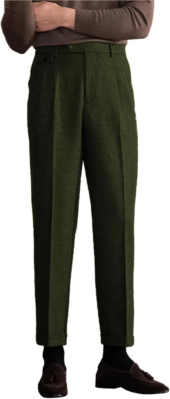 Men's Suit Tweed Pants Vintage Trousers Herringbone Tweed Blend Pleat-Front Dress Suit Pants