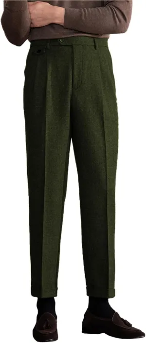 Men's Suit Tweed Pants Vintage Trousers Herringbone Tweed Blend Pleat-Front Dress Suit Pants