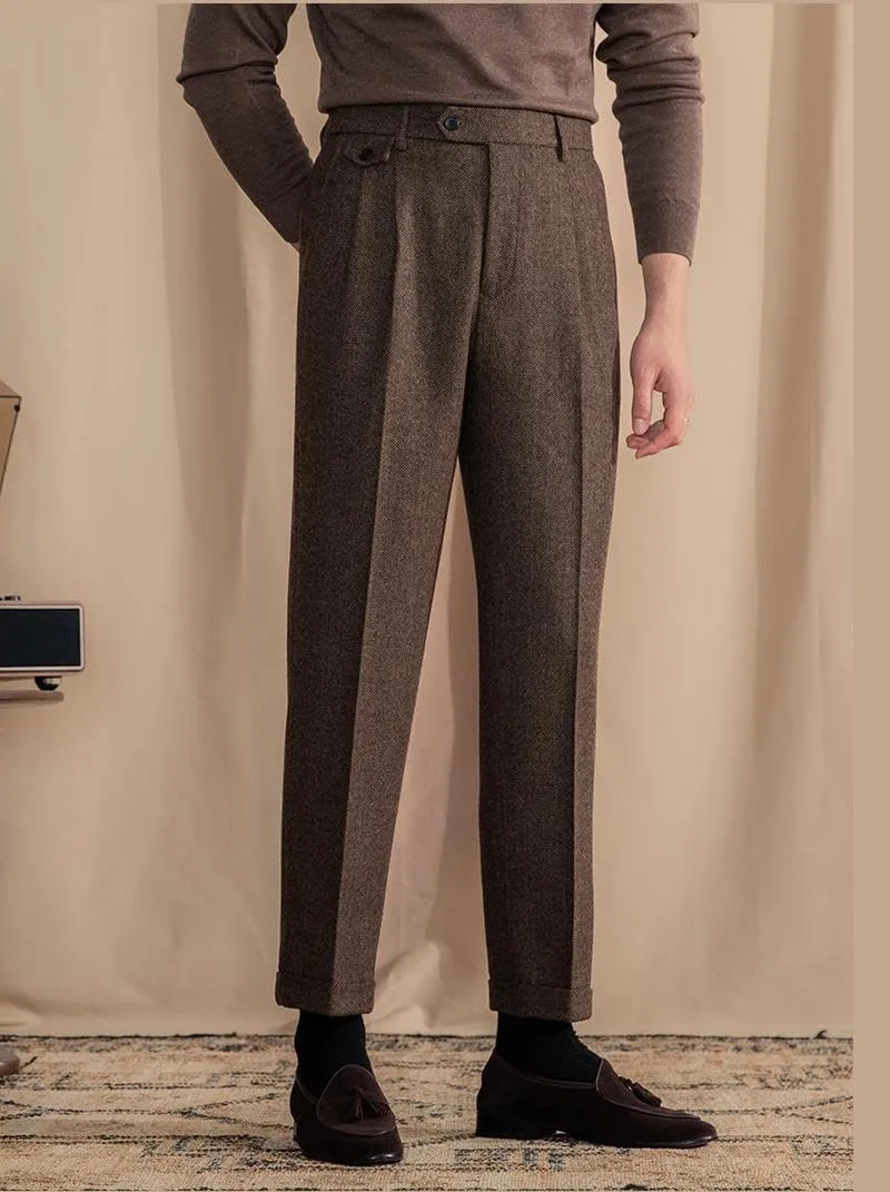 Men's Suit Tweed Pants Vintage Trousers Herringbone Tweed Blend Pleat-Front Dress Suit Pants