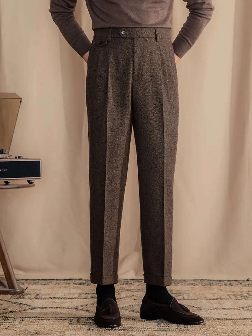 Men's Suit Tweed Pants Vintage Trousers Herringbone Tweed Blend Pleat-Front Dress Suit Pants