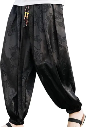 Mens Summer Ice Silk Dragon Printed Harem Pants Big and Tall Wide Leg Loose Breathable Beach Pant Retro Yoga Hip Hop Bloomer