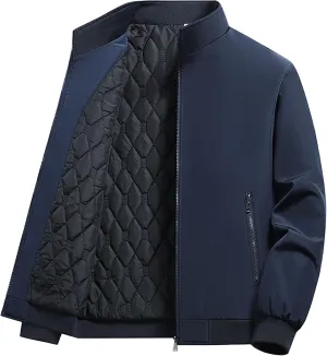 Men's Zipper Quilted Lined Bomber Jacket Stand Collar Warm Winter Padded Coat Windproof Casual Cotton Windbreaker
