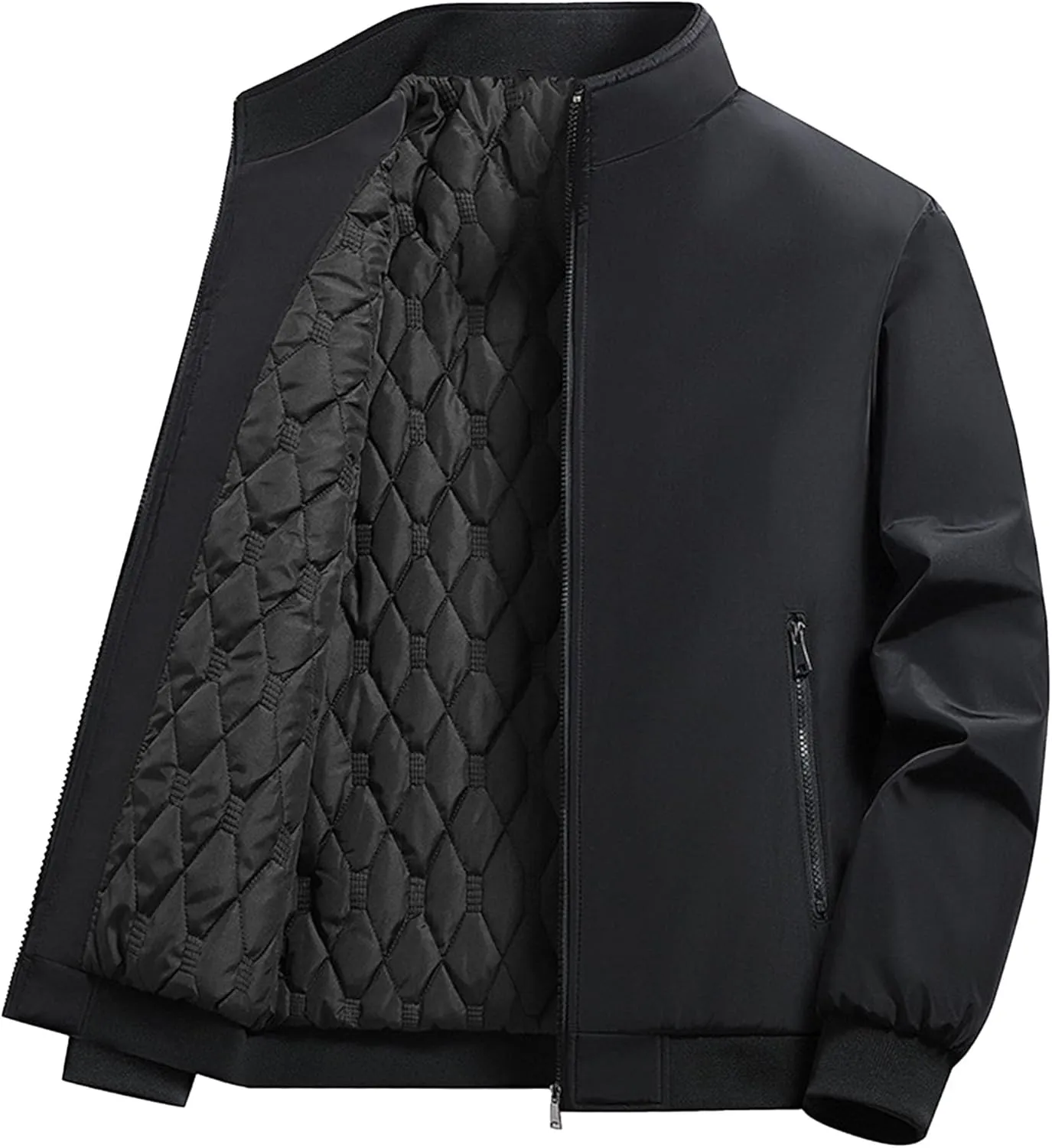 Men's Zipper Quilted Lined Bomber Jacket Stand Collar Warm Winter Padded Coat Windproof Casual Cotton Windbreaker