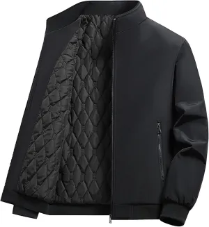 Men's Zipper Quilted Lined Bomber Jacket Stand Collar Warm Winter Padded Coat Windproof Casual Cotton Windbreaker