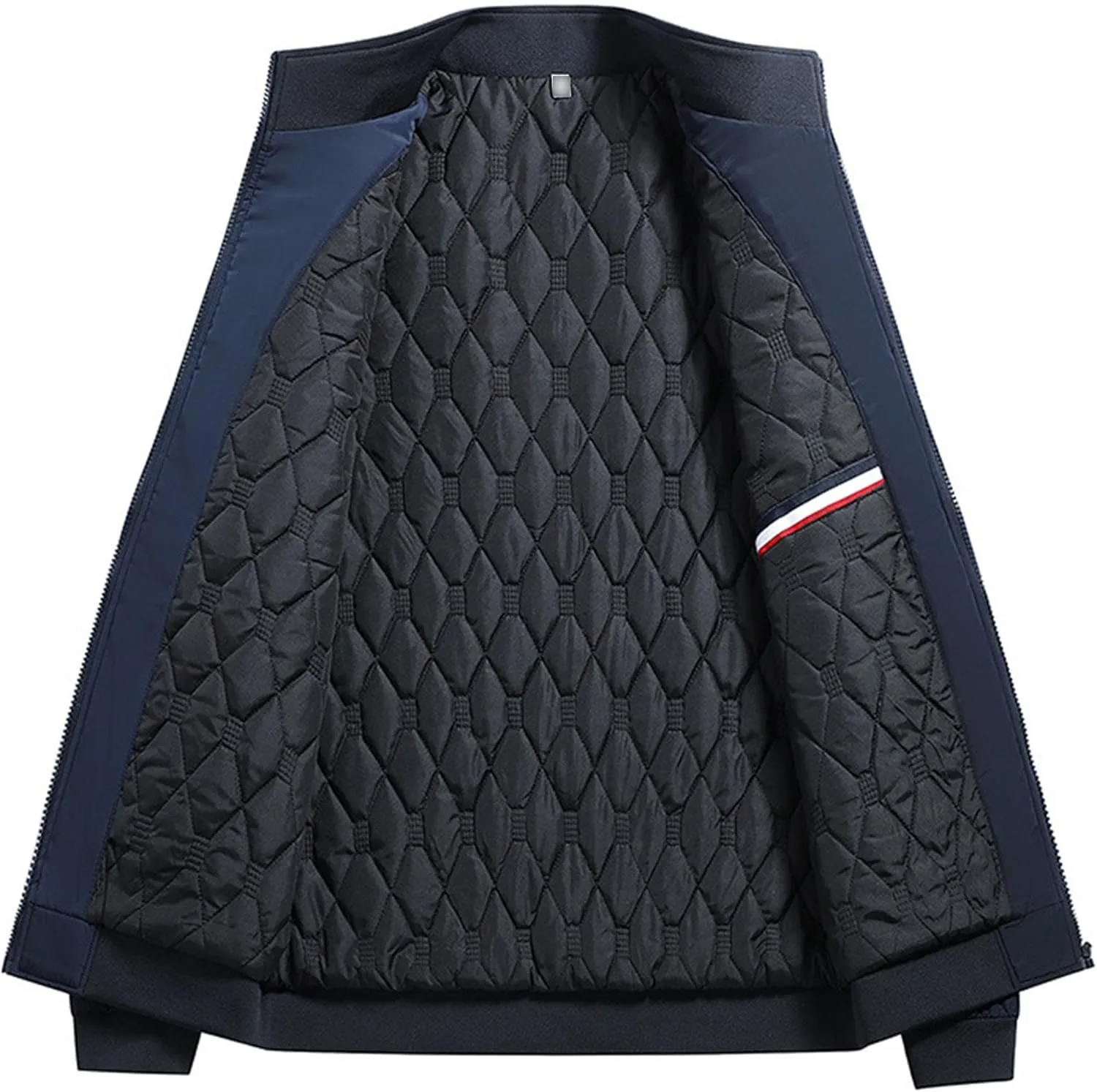 Men's Zipper Quilted Lined Bomber Jacket Stand Collar Warm Winter Padded Coat Windproof Casual Cotton Windbreaker