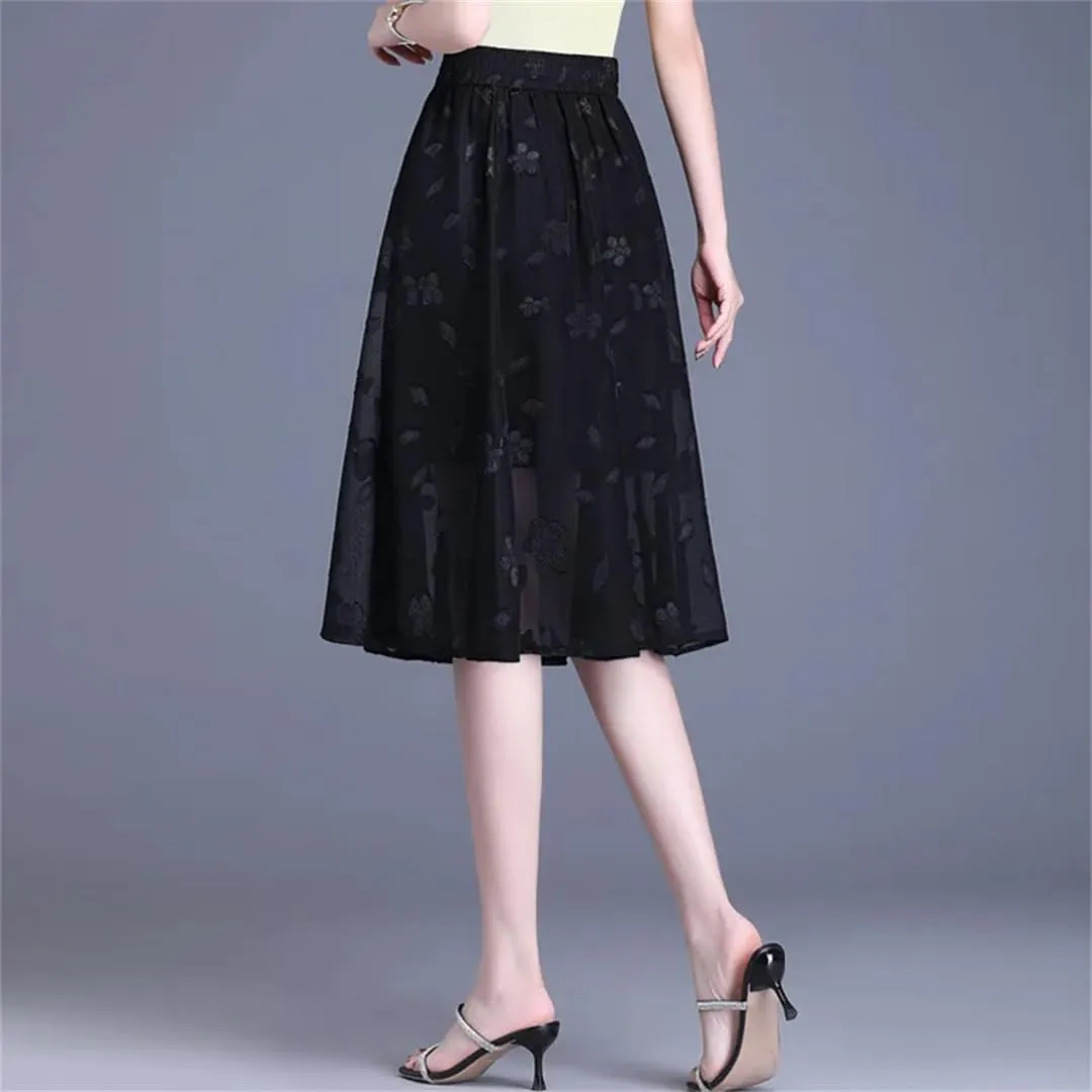 Mesh Flower A-Line Skirt Women Summer High Waist Pleated Mid-Thigh Office Lady Midiskirt