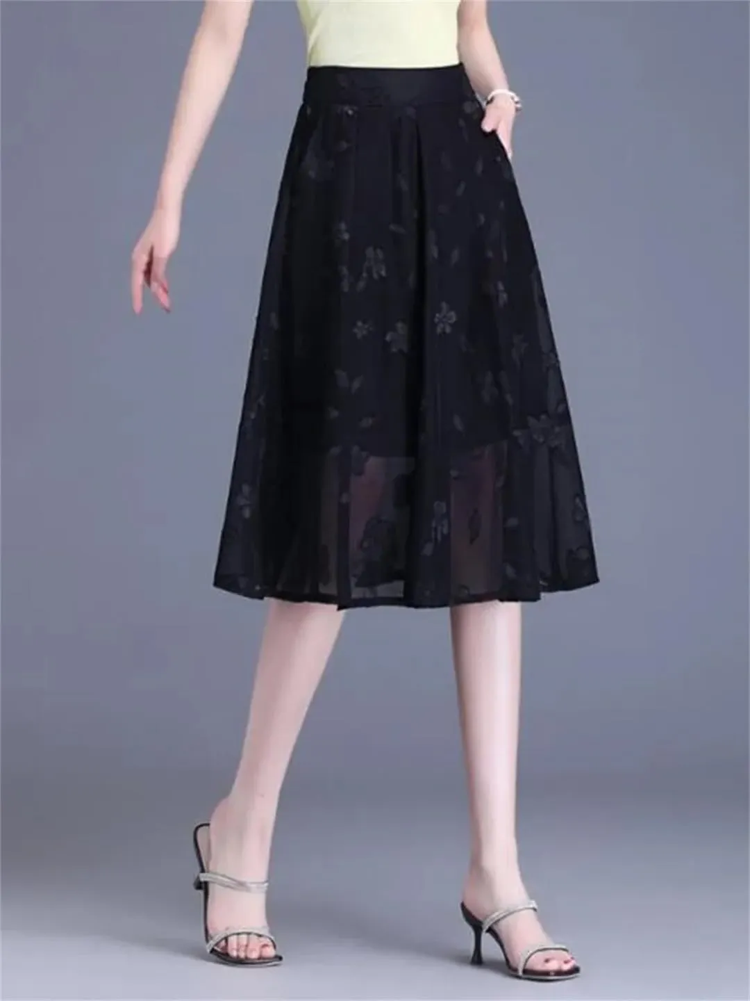 Mesh Flower A-Line Skirt Women Summer High Waist Pleated Mid-Thigh Office Lady Midiskirt