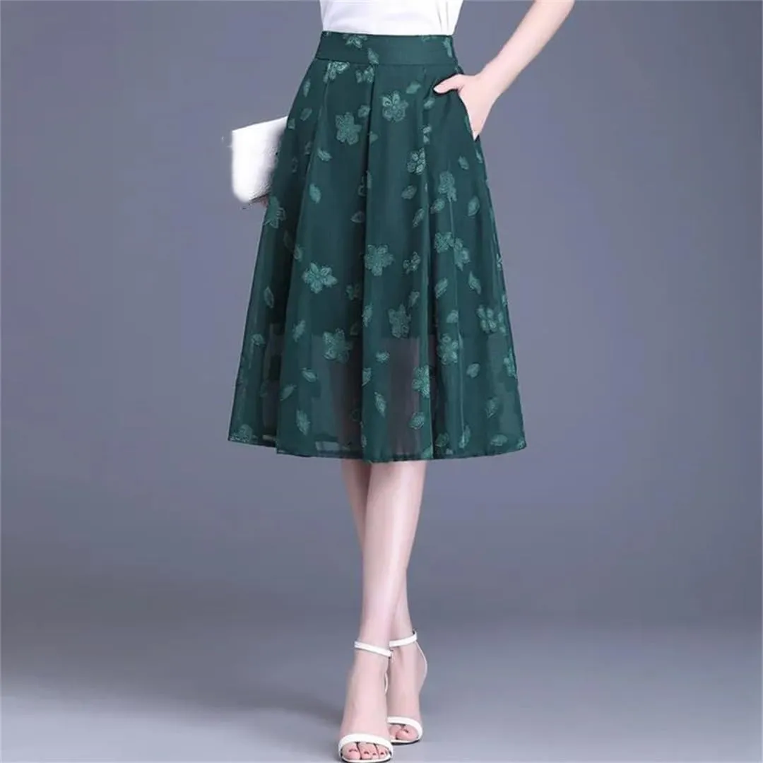 Mesh Flower A-Line Skirt Women Summer High Waist Pleated Mid-Thigh Office Lady Midiskirt