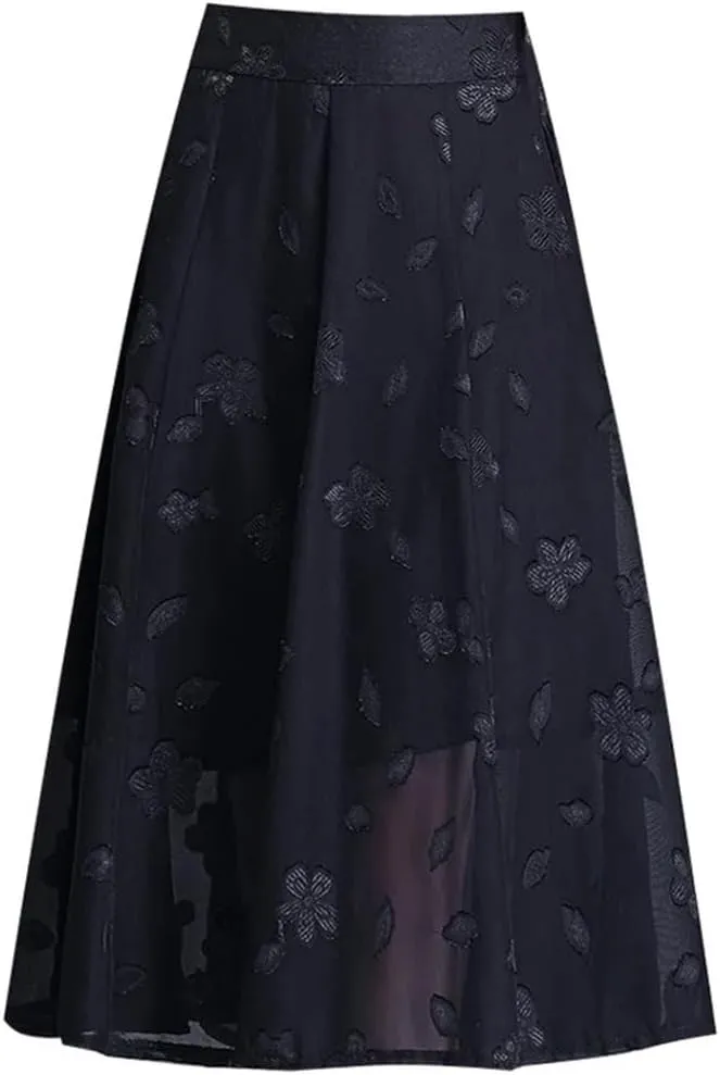 Mesh Flower A-Line Skirt Women Summer High Waist Pleated Mid-Thigh Office Lady Midiskirt