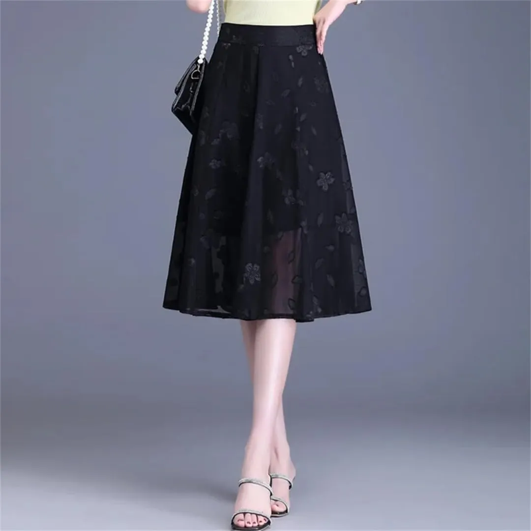 Mesh Flower A-Line Skirt Women Summer High Waist Pleated Mid-Thigh Office Lady Midiskirt