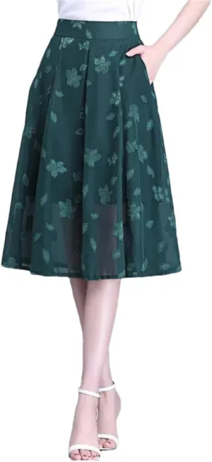 Mesh Flower A-Line Skirt Women Summer High Waist Pleated Mid-Thigh Office Lady Midiskirt