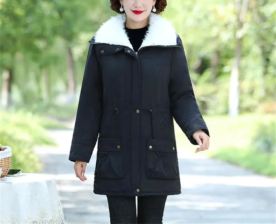 Mid-Length Plush Cotton Coats Womens Autumn Winter Parkas Lamb Wool Jacket Padded Outwear Mom Parkas