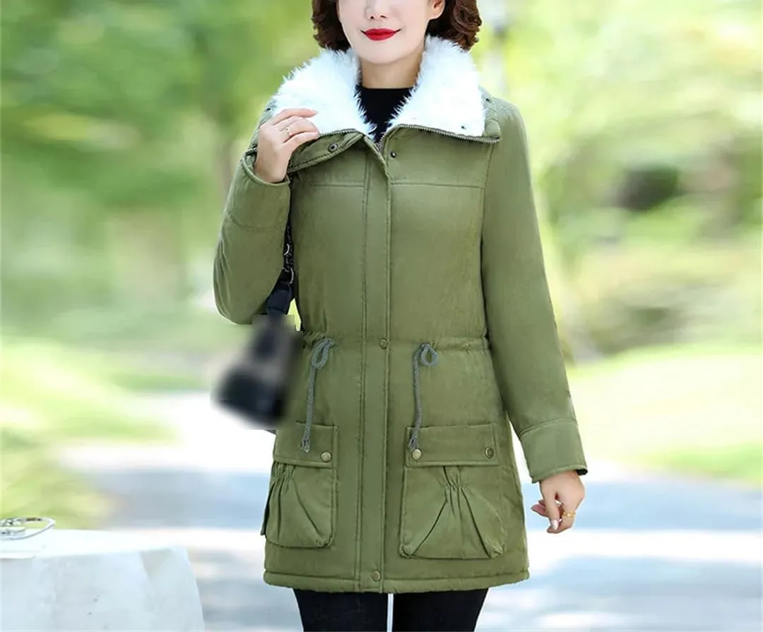 Mid-Length Plush Cotton Coats Womens Autumn Winter Parkas Lamb Wool Jacket Padded Outwear Mom Parkas
