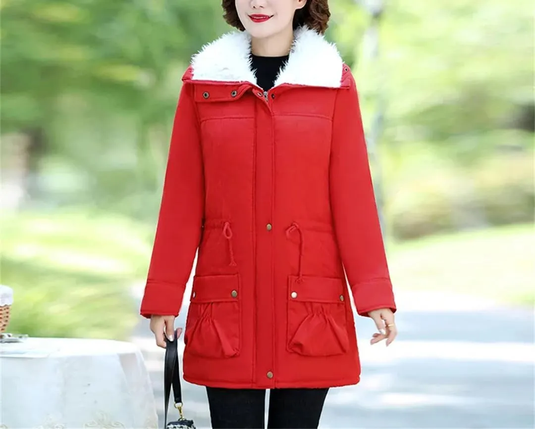 Mid-Length Plush Cotton Coats Womens Autumn Winter Parkas Lamb Wool Jacket Padded Outwear Mom Parkas