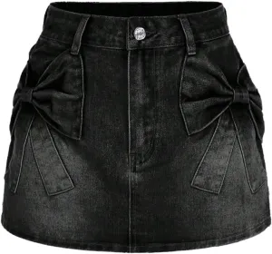 Milumia Women's Bow Knot Front Bodycon Denim Jean Mini Skirt with Pocket