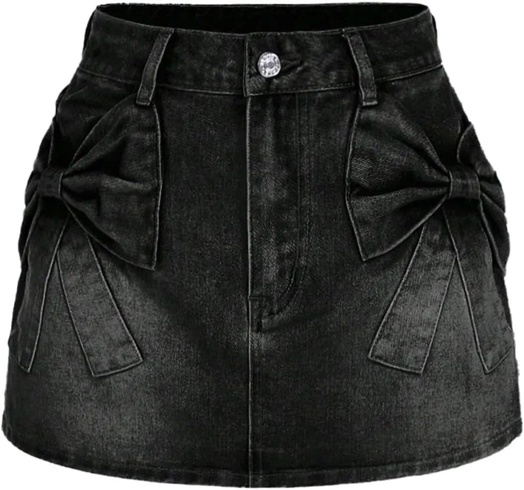 Milumia Women's Bow Knot Front Bodycon Denim Jean Mini Skirt with Pocket